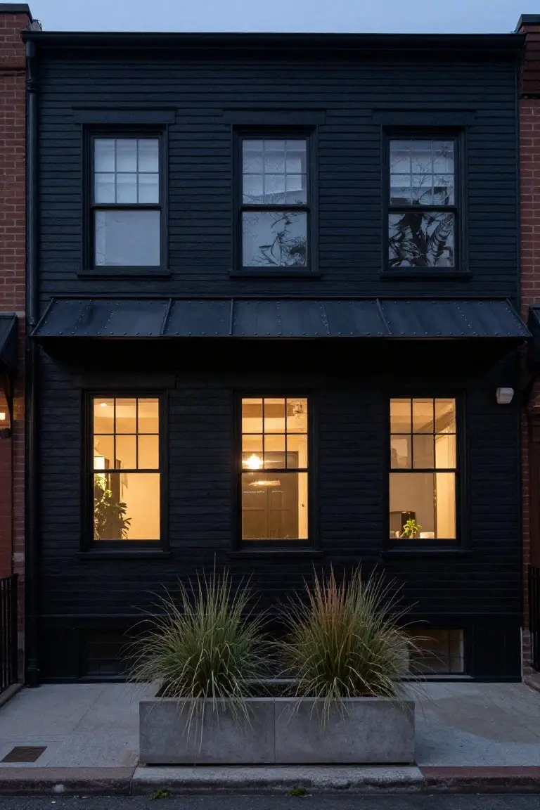 Black rowhouse exterior at dusk with three symmetrically placed lit ground-floor windows, black frames, warm interior lighting, and tall ornamental grasses in a concrete planter on the sidewalk.