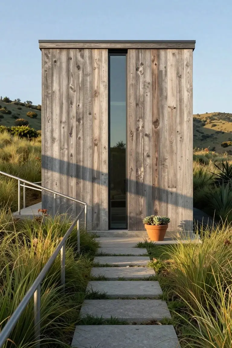 Small rectangular wooden cabin with tall narrow vertical window on facade, concrete step path with metal railing leading to entry, potted succulent plant, surrounded by grasses and distant hills under clear sky.