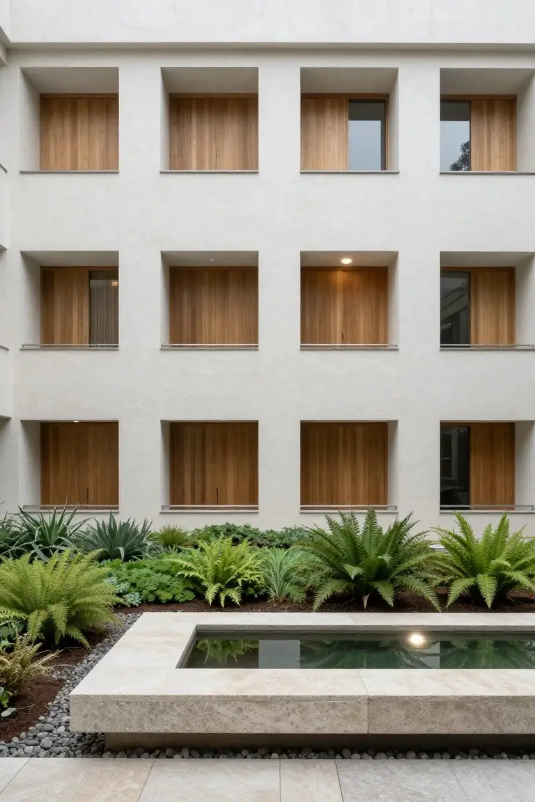 Multi-story white stucco building facade with recessed rectangular windows framed by vertical wood slats, above a landscaped area with ferns, agaves, and a rectangular stone-lined reflecting pool.