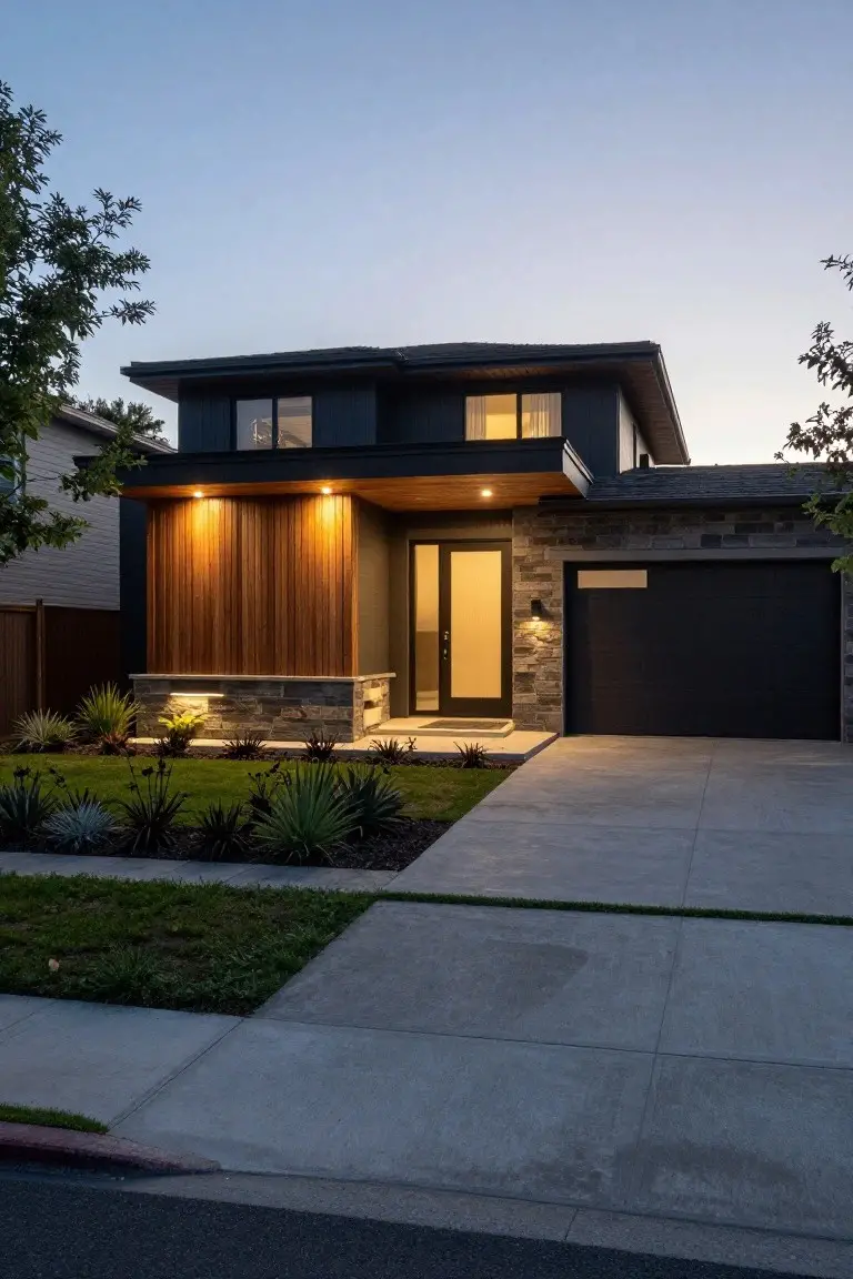 Modern two-story house exterior at dusk with vertical wood slat cladding beside a glass front door, stone base and accents, black-framed upper windows, black garage door, concrete driveway, and front yard landscaping with grasses and succulents.