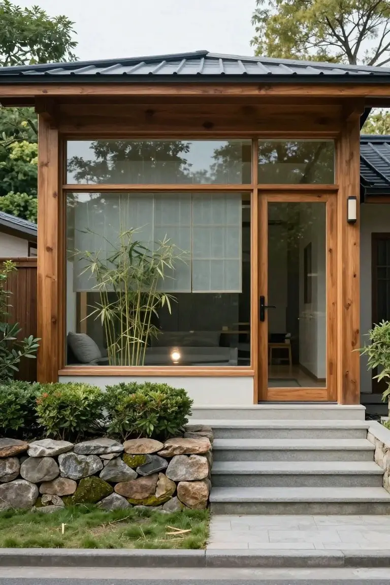 Front exterior of Japanese-style house with tall wooden-framed glass windows and door at entry, bamboo plants visible inside, stone retaining wall, steps, and surrounding greenery.