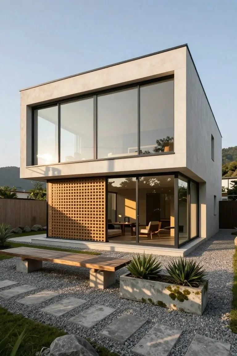 Modern beige stucco house exterior featuring large floor-to-ceiling glass windows and sliding doors next to a tall wooden lattice screen, with a gravel garden path, stone steps, wooden bench, agave plants in concrete planters, and surrounding greenery.