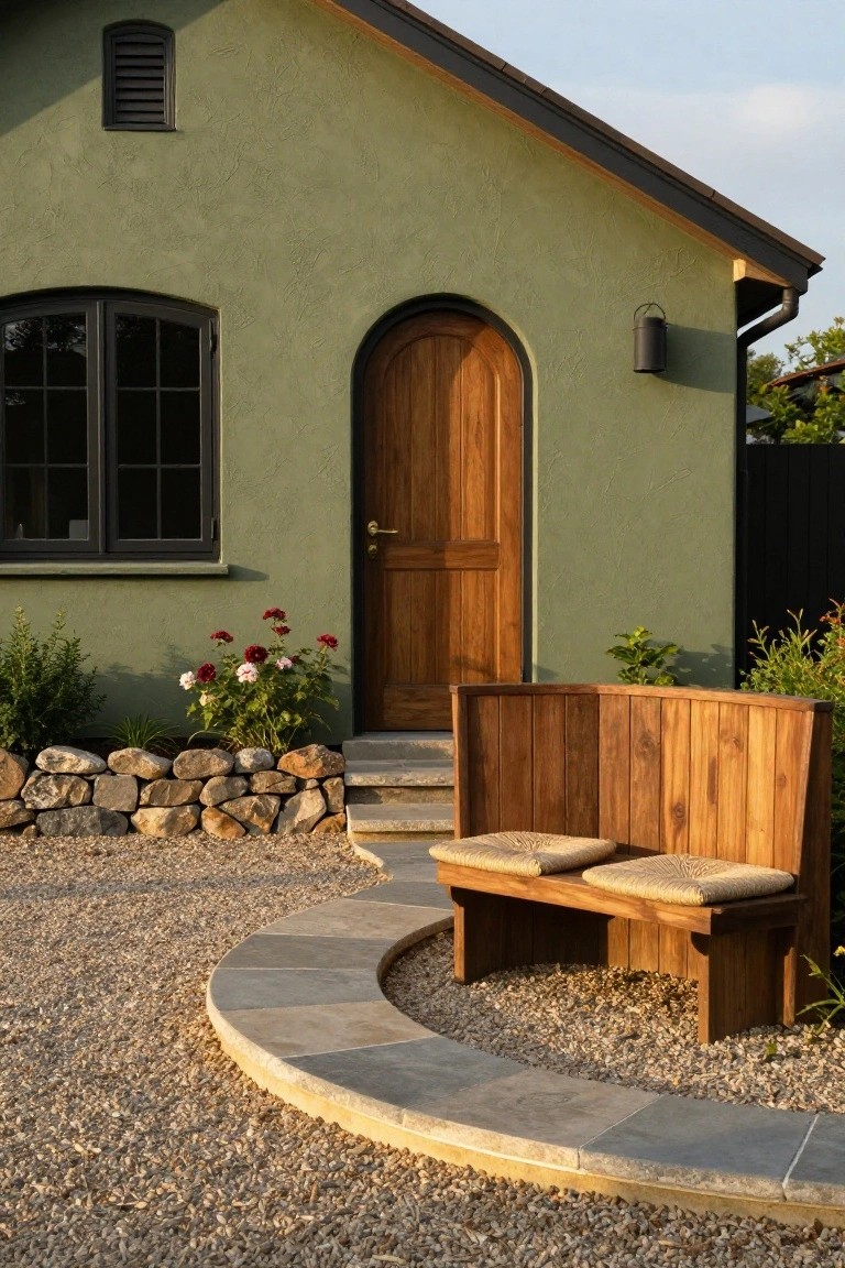 Khaki green stucco house exterior with arched dark wooden entry door, curved wooden bench with beige cushions adjacent to stone steps, gravel path, rock borders, and low plantings including red flowers.
