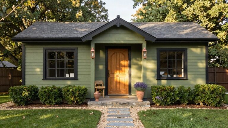 A small khaki green shingled building with black-trimmed windows, a black door featuring an arched wooden panel, copper lanterns, wicker chairs with lavender pots, boxwood shrubs, and a stone pathway in a garden setting.