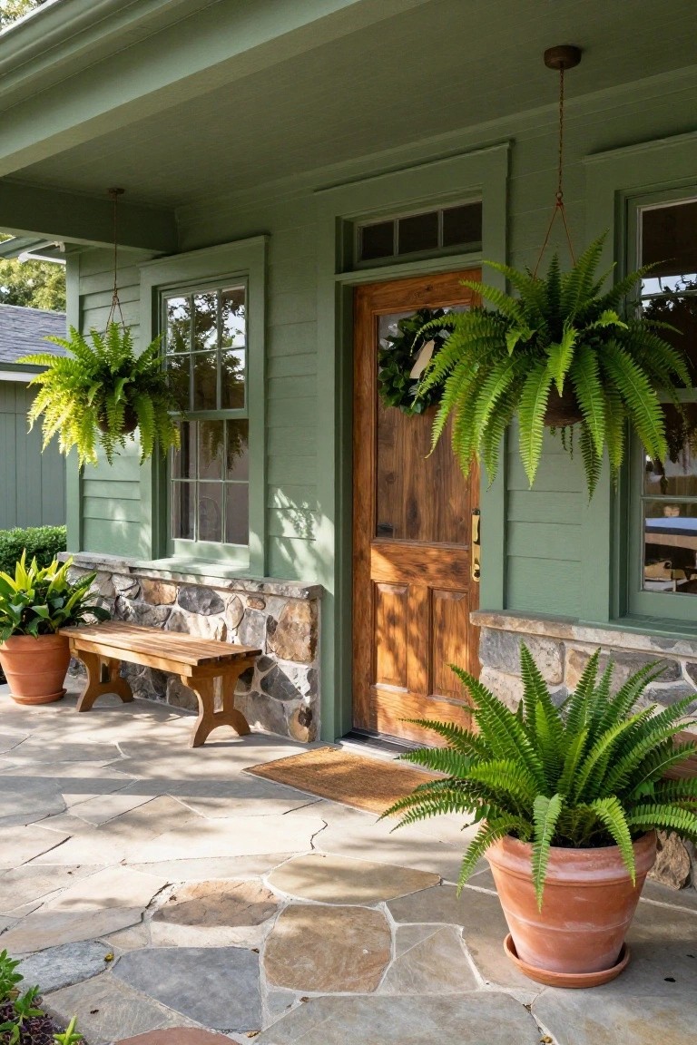 Khaki green shingle-style house exterior with wooden front door, transom window, side windows, two hanging ferns, two potted ferns flanking the door, wooden bench on stone base, and flagstone pathway.