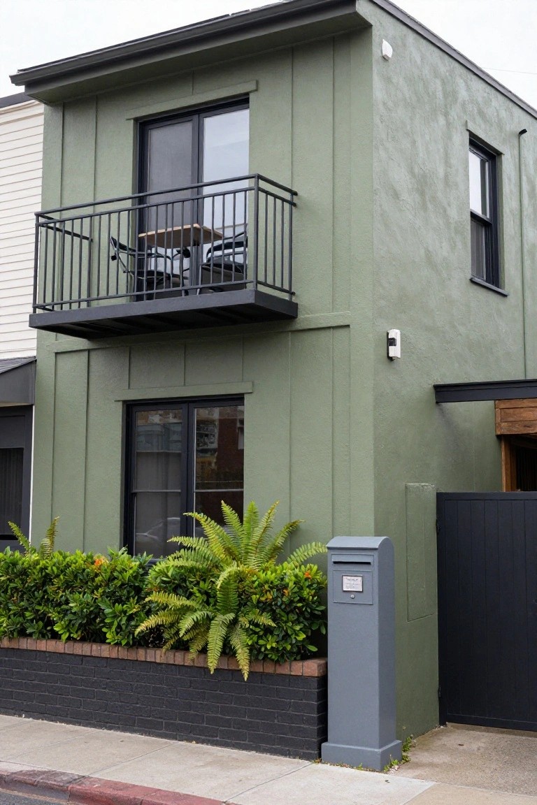 Two-story khaki green house with board-and-batten siding, black-framed windows and doors, upper balcony with black railing and furniture, front landscaping of boxwood hedge and ferns edged in brick, gray mailbox, and black side gate on a sidewalk.