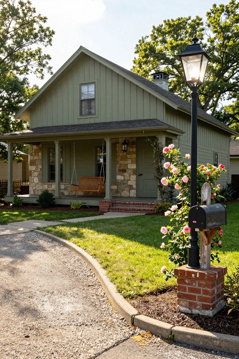 Khaki green board-and-batten house exterior with gabled roof, wraparound porch, wooden swing, stone foundation, wall lantern, pink climbing roses around black lamp post and mailbox on brick pillar, gravel driveway, lawn, and trees.