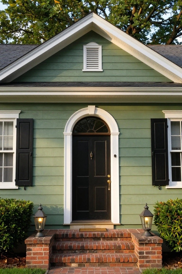 Front view of a single-story khaki green house with gabled roof, white trim, black shutters on white-framed windows, arched transom over black front door, brick steps, lanterns on brick piers, and shrubs on either side.