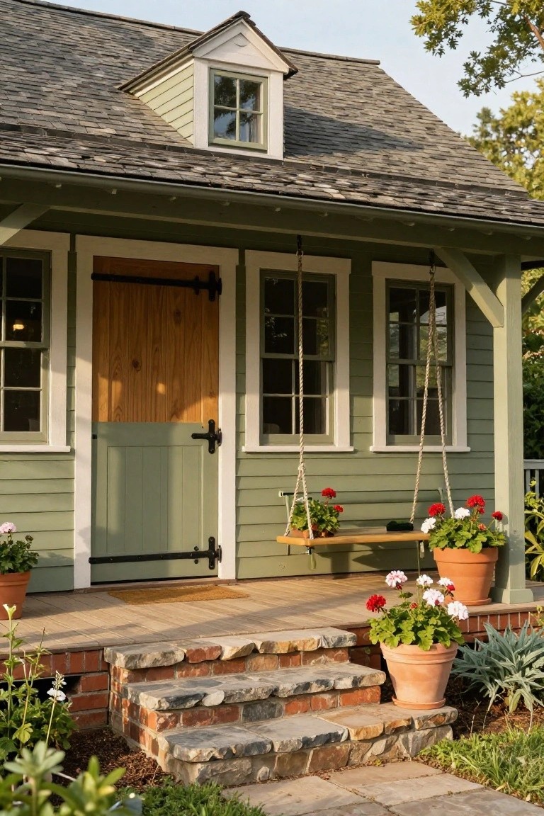 Khaki green painted house exterior featuring a gabled dormer, split entry door with wooden top and green bottom panels, rope-hung porch swing with potted red geraniums, flanked by windows and plants, with brick and stone steps leading up.