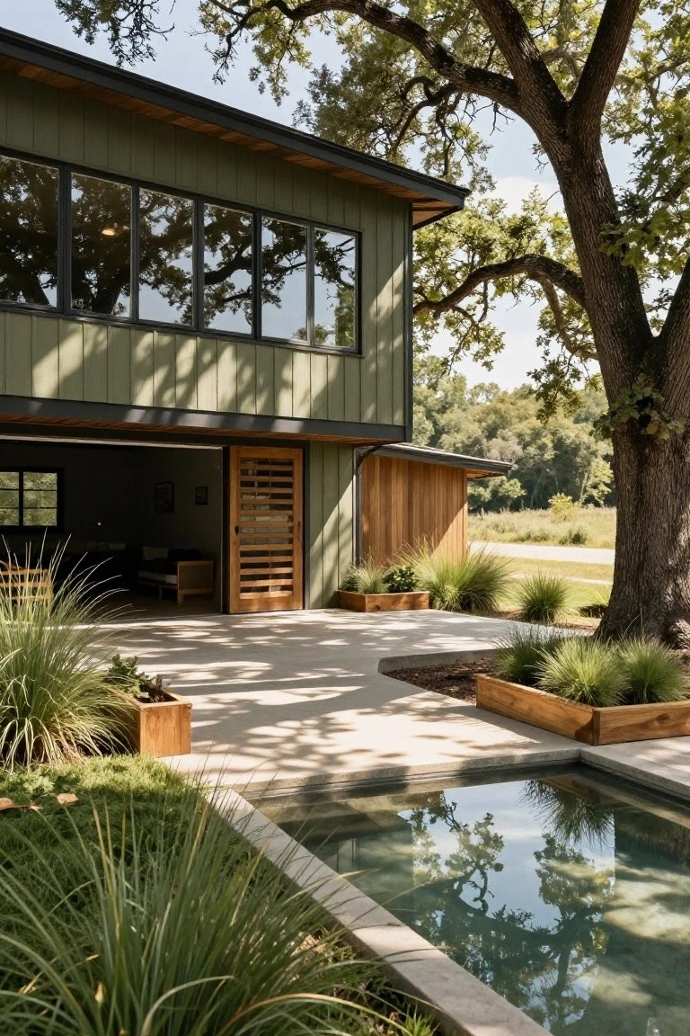 Side exterior of a single-story house with khaki green siding, open slatted wooden garage door revealing interior seating area, concrete patio with small rectangular pool and wooden planters of grasses, large oak tree adjacent.