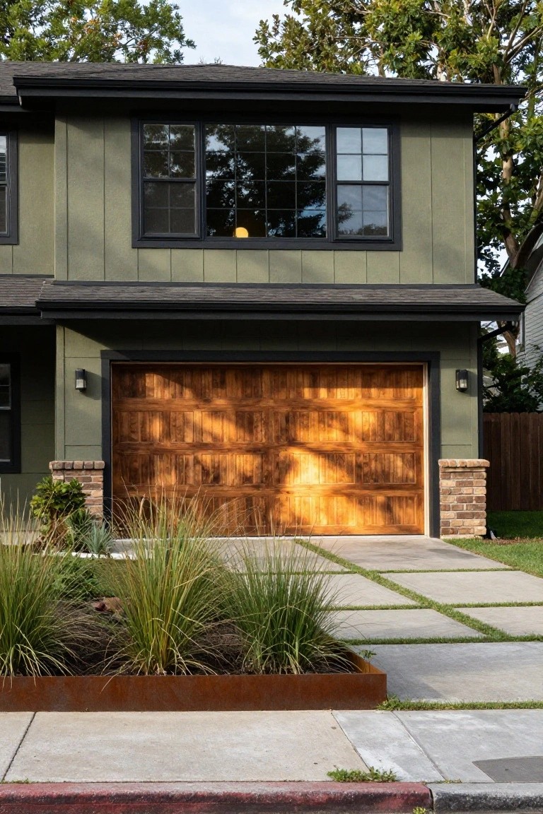 Front exterior view of a two-story house with khaki green siding, black trim around large windows and roofline, prominent paneled wood garage door, brick pillars, and landscaped area with ornamental grasses and concrete pavers.