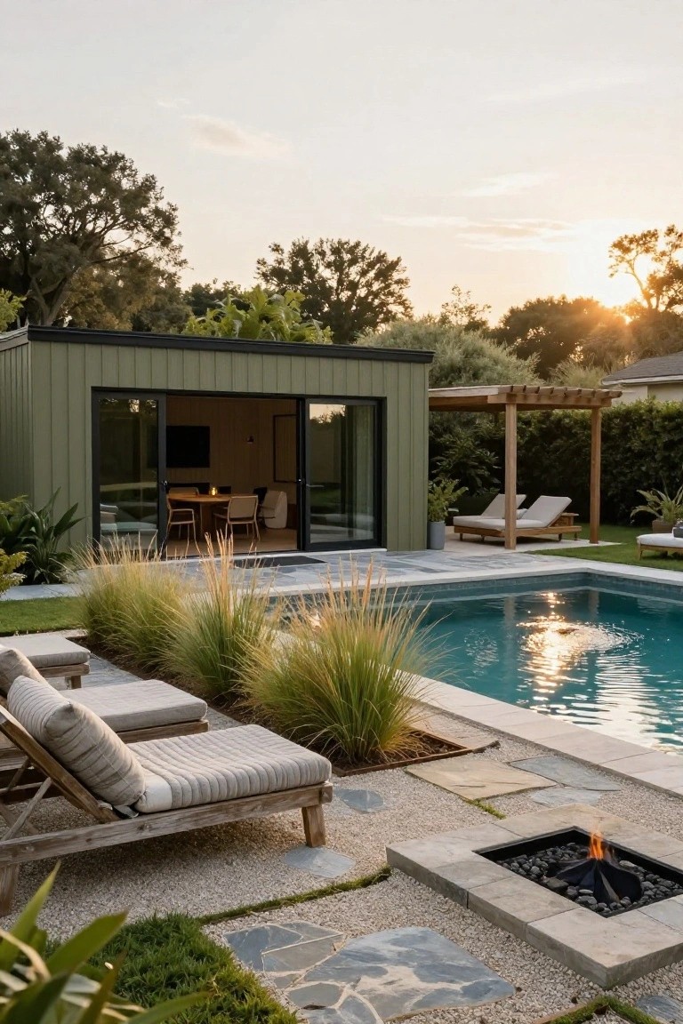 Khaki green rectangular pool house with large open sliding glass doors beside a swimming pool, lounge chairs on a stone deck, ornamental grasses, a fire pit, pergola, and surrounding trees at sunset.