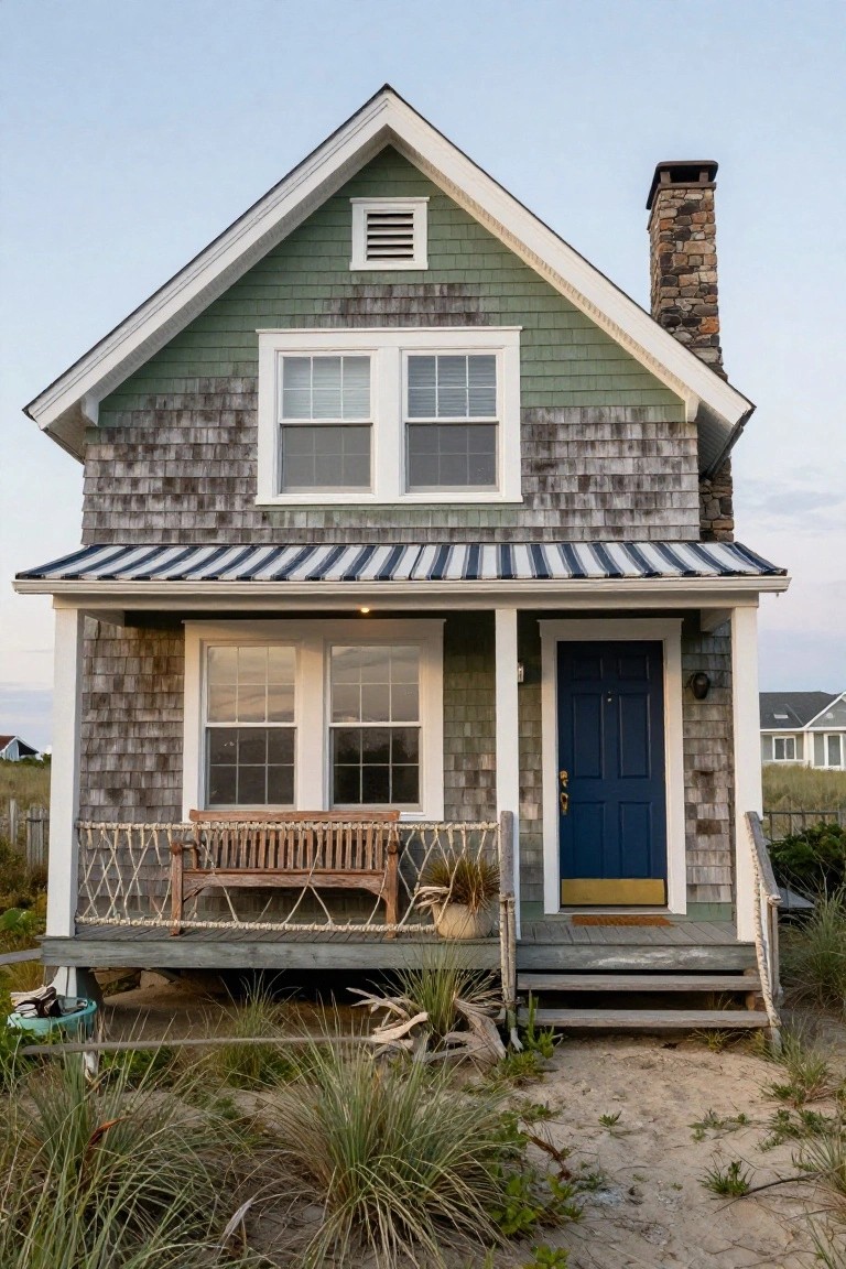 Two-story house with khaki green shingle siding, white trim, gable roof, stone chimney, striped awning over porch with blue door, wooden bench, stairs, and surrounding sand and sea grass.