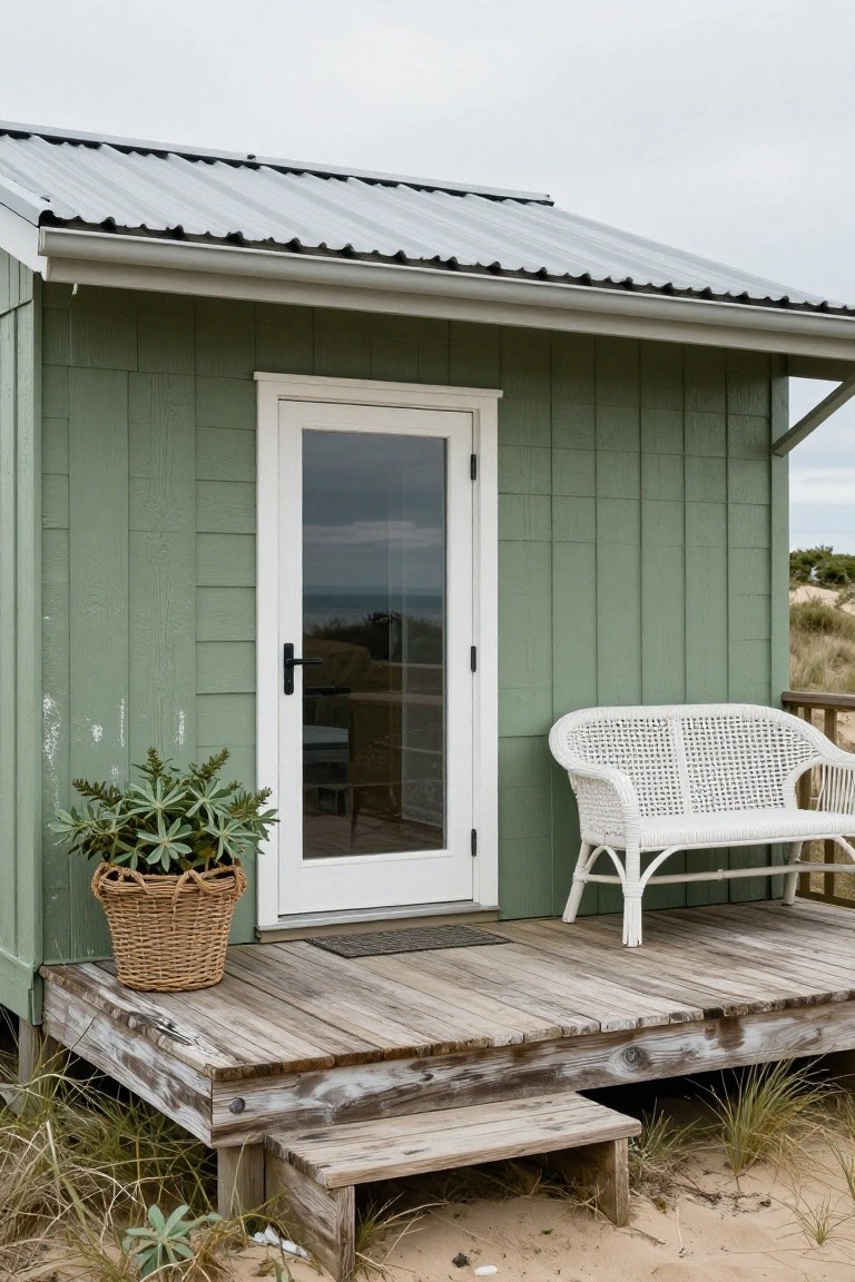 Small khaki green shiplap cabin on elevated wooden deck with white glass door, wicker bench, potted plant in basket, and sandy dunes nearby.