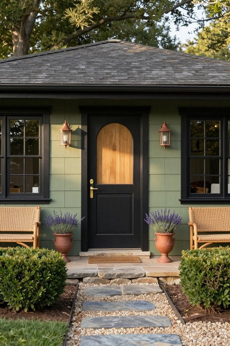 A small khaki green shingled building with black-trimmed windows, a black door featuring an arched wooden panel, copper lanterns, wicker chairs with lavender pots, boxwood shrubs, and a stone pathway in a garden setting.
