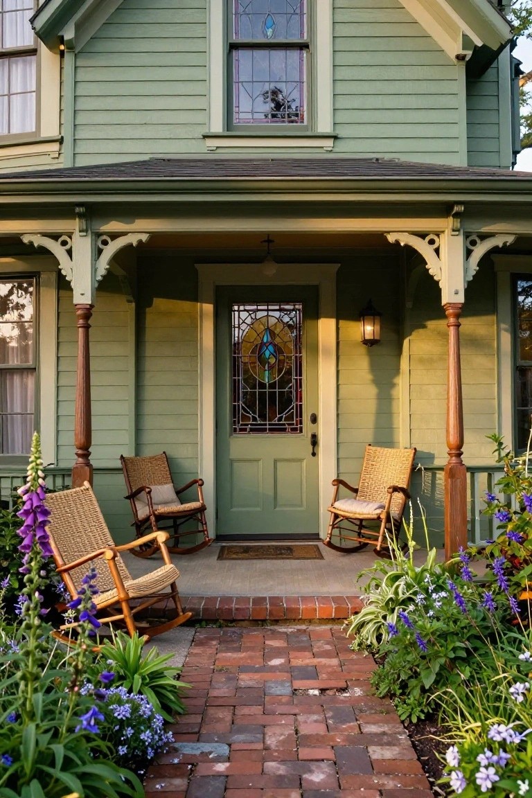 Khaki green painted Victorian-style house exterior with covered porch, stained glass front door, two wicker rocking chairs, brick pathway, and purple flower beds on either side.