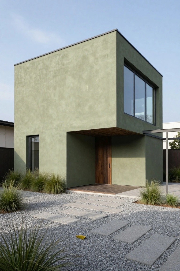 Box-shaped modern house exterior in khaki green stucco with large glass window, recessed wooden entry door under wood overhang, gravel yard with concrete stepping stones and ornamental grasses.