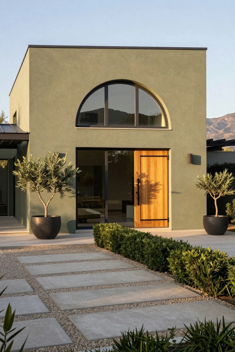 Khaki green stucco house exterior featuring a large arched window, wooden entry door with black hardware, flanked by olive trees in black pots, a stone pathway, and boxwood hedges.