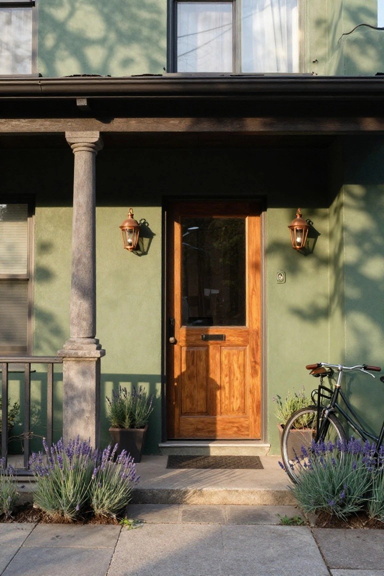Front view of a khaki green stucco house with wooden entry door, copper lanterns, stone column on porch, potted lavender plants, and bicycle parked on pavement.