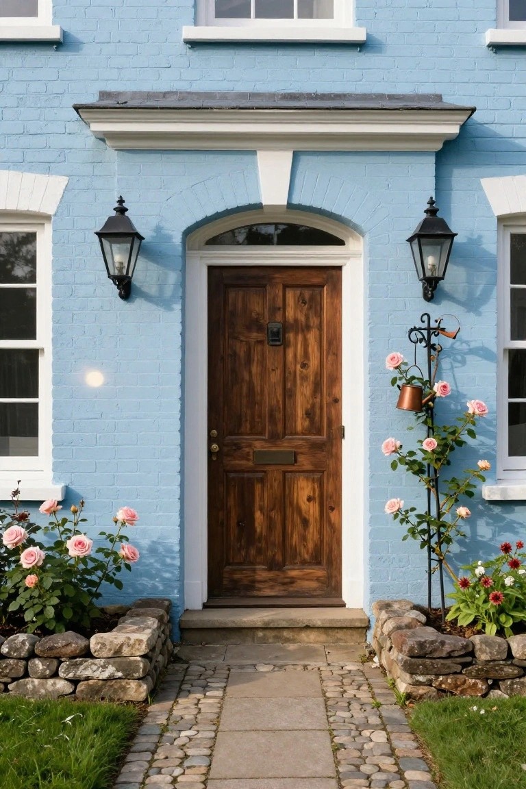 Light blue brick house facade with white trim and dark wooden arched front door, flanked by black lanterns, climbing pink roses on a metal stand with copper watering can, stone garden walls with plants, and cobblestone path.