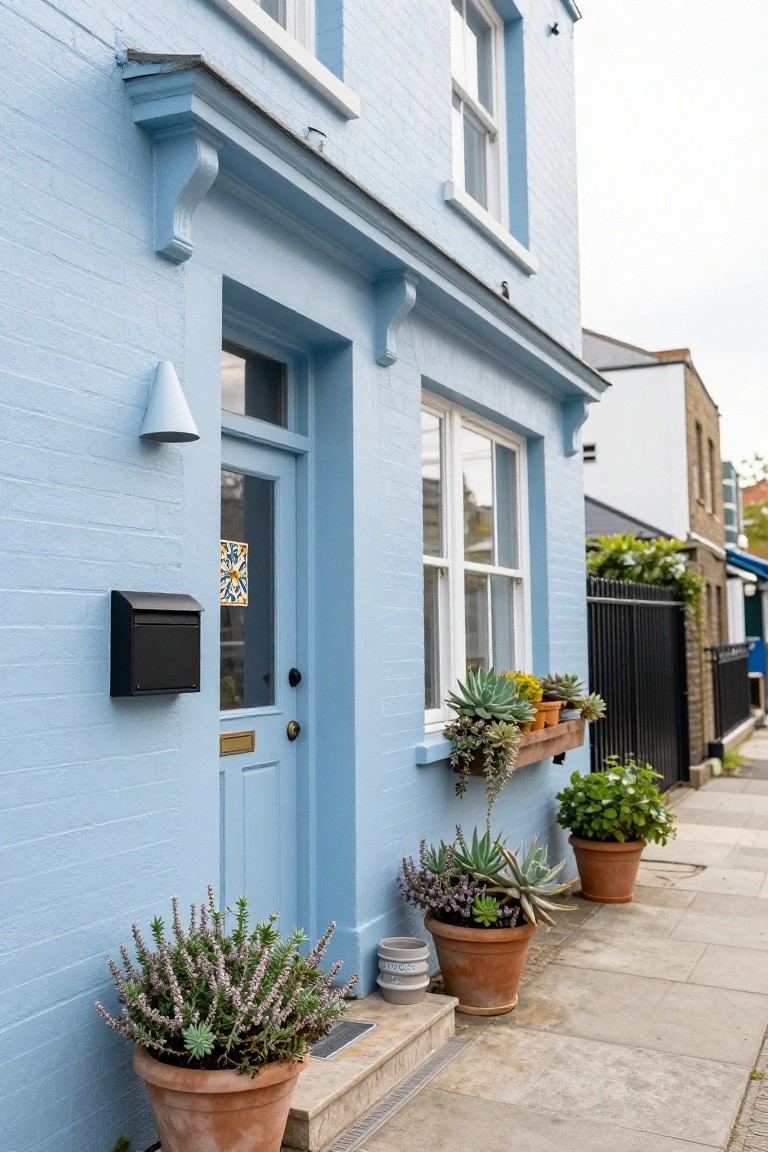 Light blue painted brick house exterior with a glazed blue front door, black mailbox, window box of succulents, and terracotta pots of lavender and succulents lining the entry steps on a paved sidewalk.