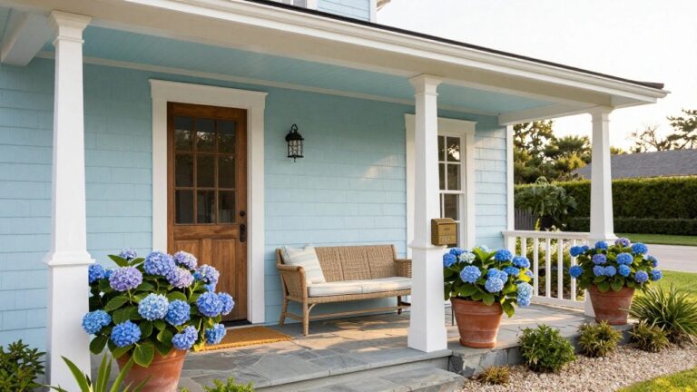 Light blue clapboard house with white porch columns and railing, a white-framed blue front door, lantern light, gold mailbox, and large blue hydrangea plants in terracotta pots next to stone steps.
