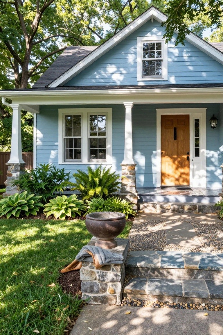 Light blue clapboard-sided house with white trim, covered front porch supported by white columns on stone bases, wooden front door, and landscaped front yard with plants and stone pathway.