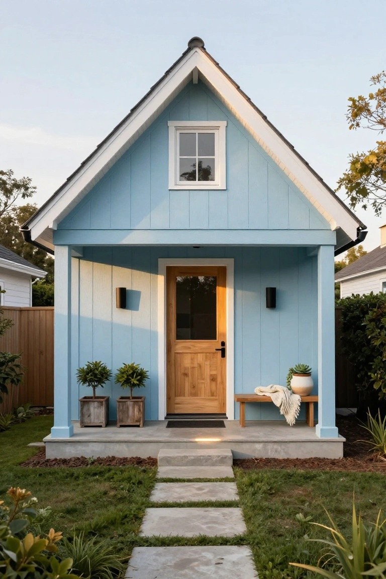 Small light blue clapboard house with gable roof, white trim, wooden front door with glass panel, covered porch with bench, potted plants, and stone pathway in a landscaped yard.