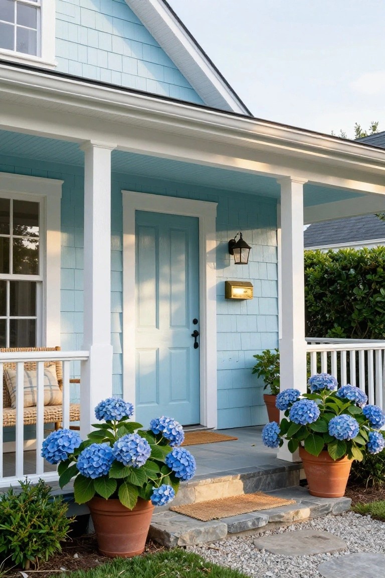 Light blue clapboard house with white porch columns and railing, a white-framed blue front door, lantern light, gold mailbox, and large blue hydrangea plants in terracotta pots next to stone steps.