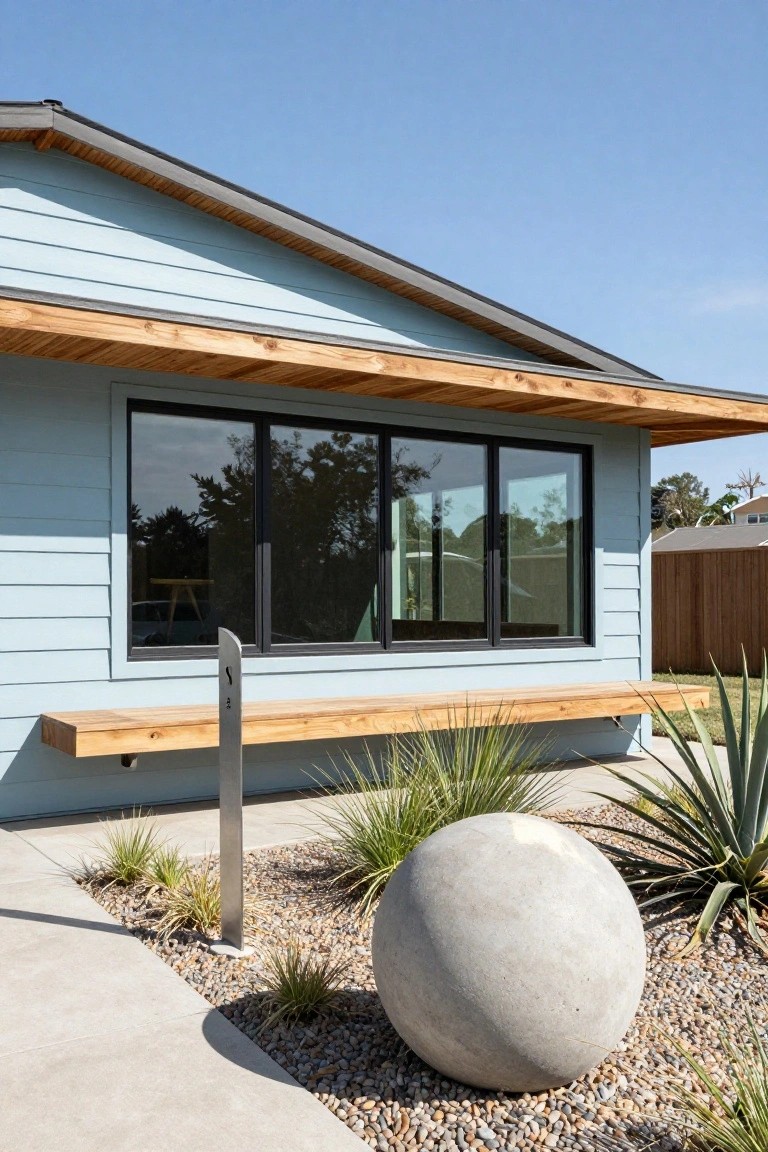 Side view of light blue clapboard house with wooden overhang above black-framed sliding windows, built-in wooden bench beside stainless steel post, succulent plants, large gray stone sphere, gravel ground cover, and concrete pathway.
