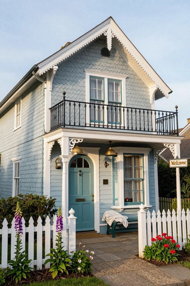 A two-story light blue house with scalloped shingle siding, white trim and brackets, a second-floor balcony with black metal railing, turquoise double doors and windows, brass lanterns, a welcome sign, white picket fence, and front garden with foxglove and red tulips.