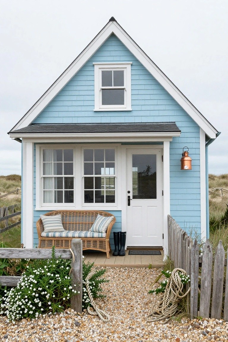 Small light blue shingle house with white trim and gabled roof, featuring a covered front porch with striped bench cushions, wellington boots, and a white door, set against dunes with gravel path and fencing.