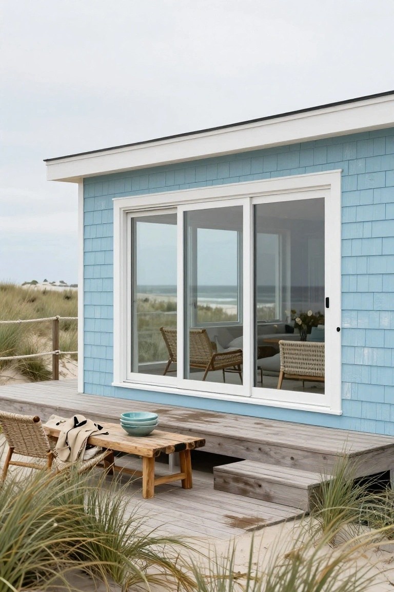Light blue shingled house exterior with large white-framed sliding glass doors, wooden deck with chairs and table, beach grass, sand dunes, and ocean view.
