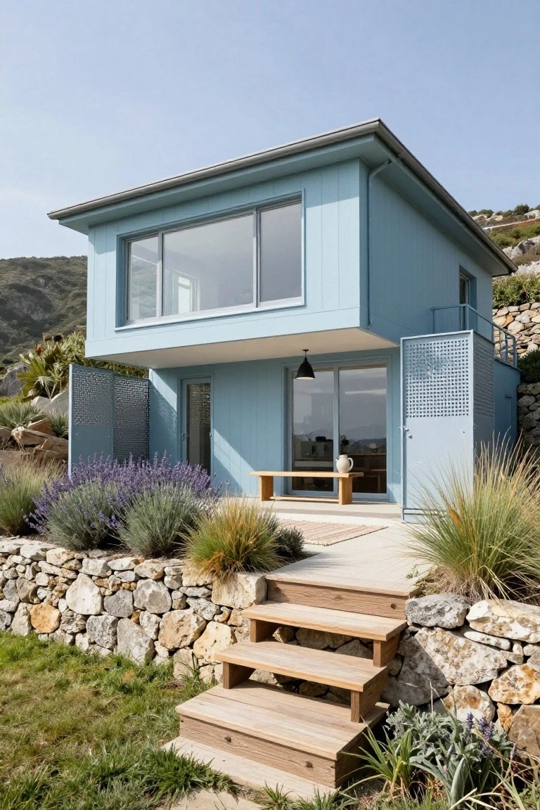 Compact two-story house with light blue vertical siding on a rocky hillside, large windows and glass doors on the lower level, wooden bench on concrete patio, lavender plants, grass, and stone retaining walls with wooden steps leading up.