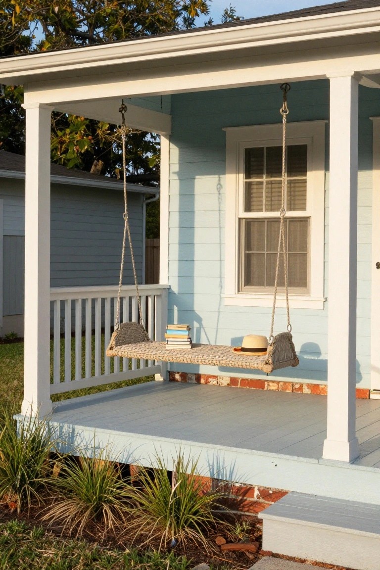 Light blue house exterior with white porch columns and railing, a woven rope hammock swing hanging from the ceiling holding books and a straw hat, grass and plants around the base.