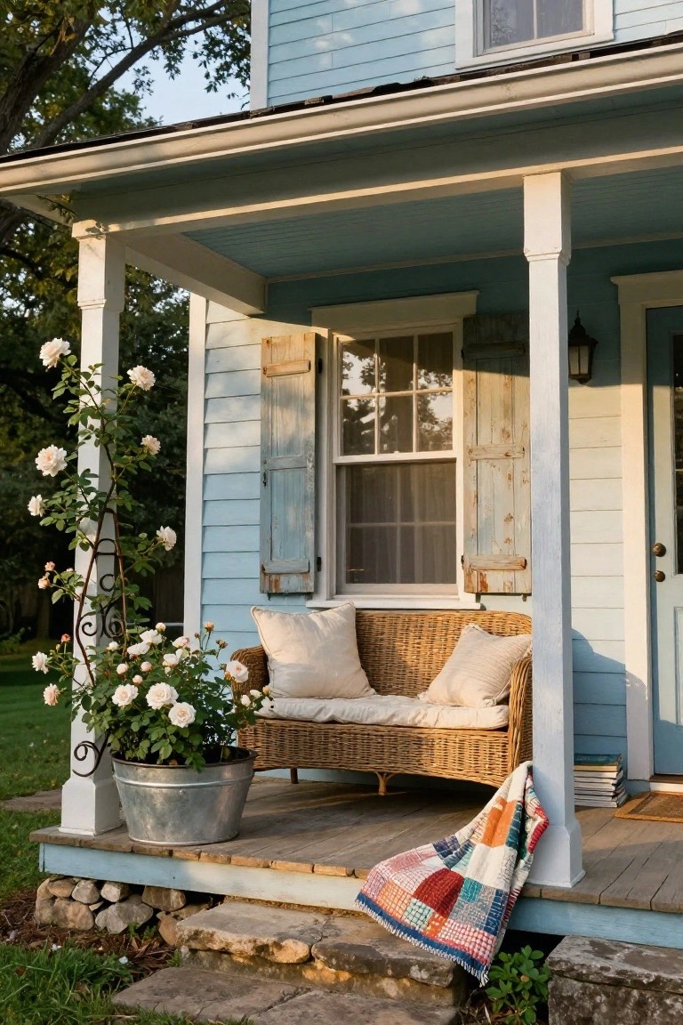Light blue clapboard house with covered front porch displaying a beige wicker loveseat with white pillows, colorful patchwork quilt draped over the railing, large galvanized bucket planter with white climbing roses and bush, metal trellis, white columns, blue shutters, front door, lantern light, stack of books, doormat, and stone steps.