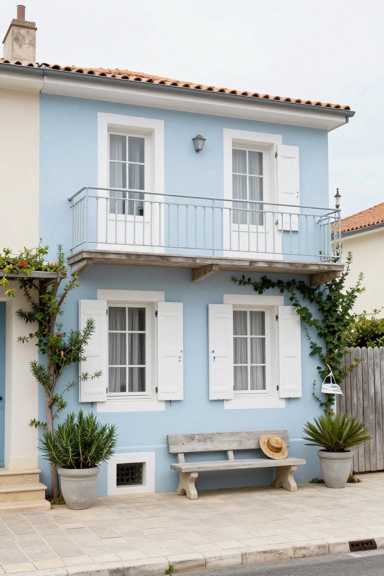Two-story light blue stucco house exterior with white window frames, louvered shutters, upper balcony, climbing vines, potted plants, weathered wooden bench with straw hat on paved walkway beside street.