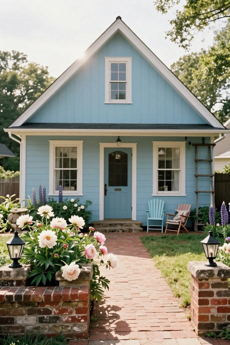 Light blue clapboard house with white trim, gabled roof, two front windows, arched door, Adirondack chairs on porch, peony bushes and delphiniums beside brick pathway with lanterns on brick pillars.