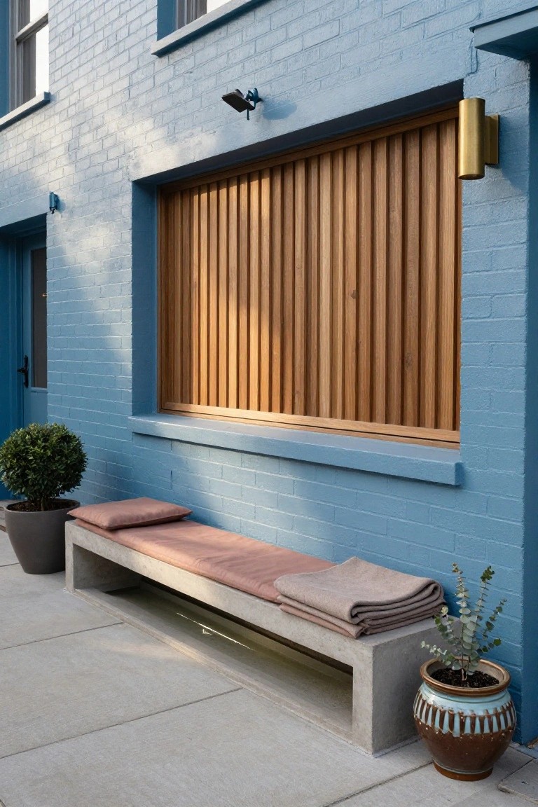 Light blue brick house exterior wall with a narrow window covered in vertical wooden slats, a concrete bench below holding pink cushions and a gray blanket, potted plants on a paved surface, and brass wall lights.