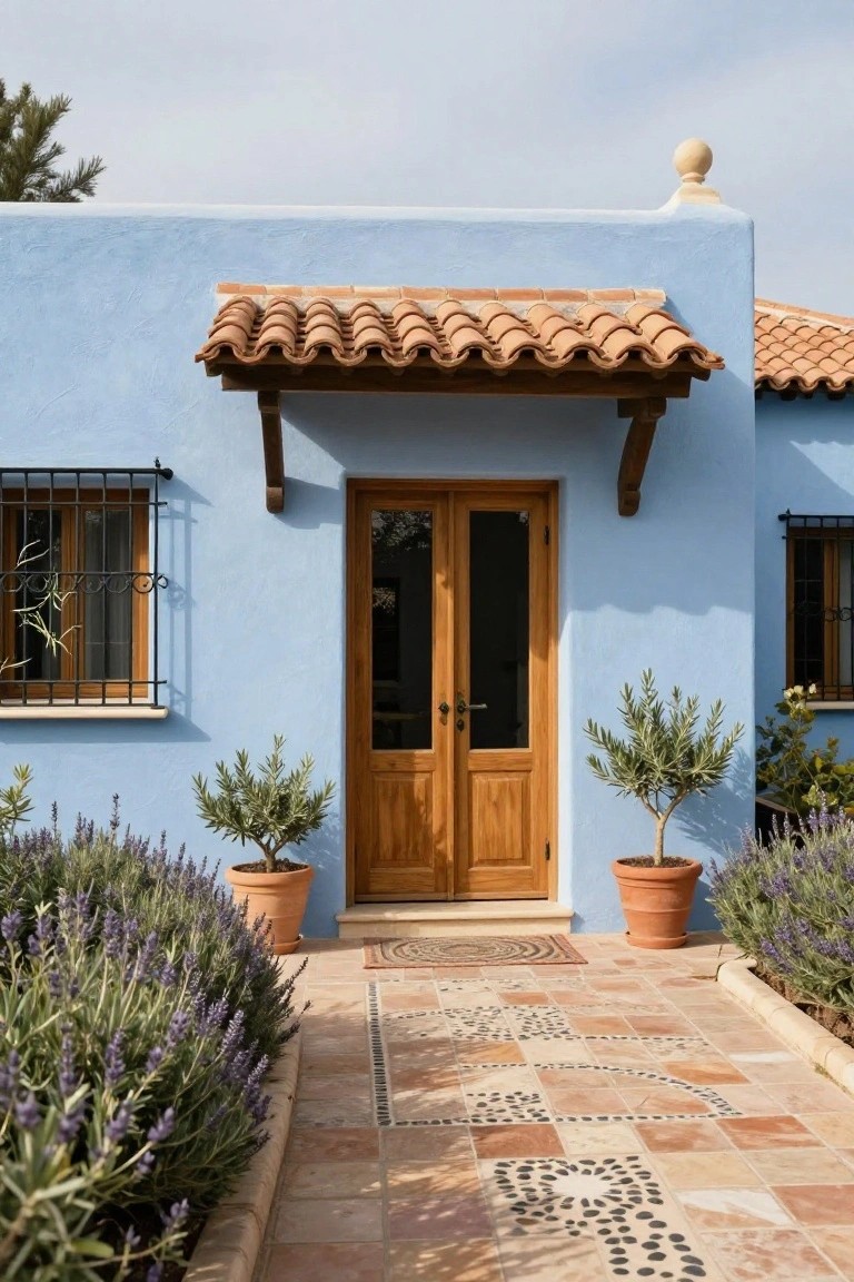 Light blue stucco house exterior with double wooden doors under a terracotta tiled overhang, flanked by potted olive trees and lavender bushes along a mosaic-tiled pathway.