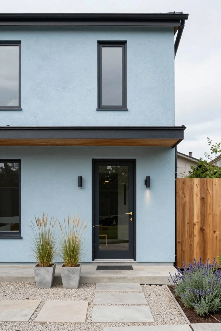 Light blue stucco house exterior featuring a black front door under a cantilevered wooden overhang, flanked by two tall potted grasses in gray containers, with gravel ground cover, stone pavers, and lavender plants nearby.