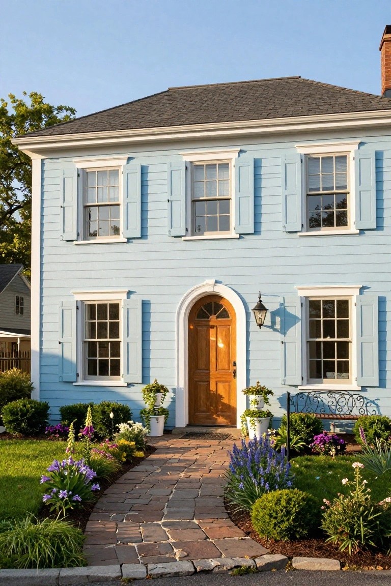 Two-story light blue clapboard house with matching blue shutters, white trim, arched wooden front door, black lantern light, curved brick pathway, potted plants, flowers, bench, and shrubs in the front yard.