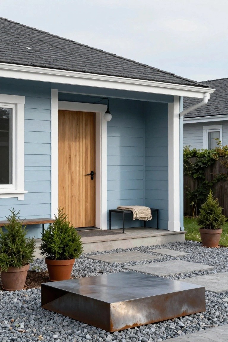 Light blue clapboard house exterior with white trim, open wooden front door under covered porch, black metal bench with beige blanket, potted evergreen shrubs, corten steel cube sculpture, gravel ground cover, and stone pavers.