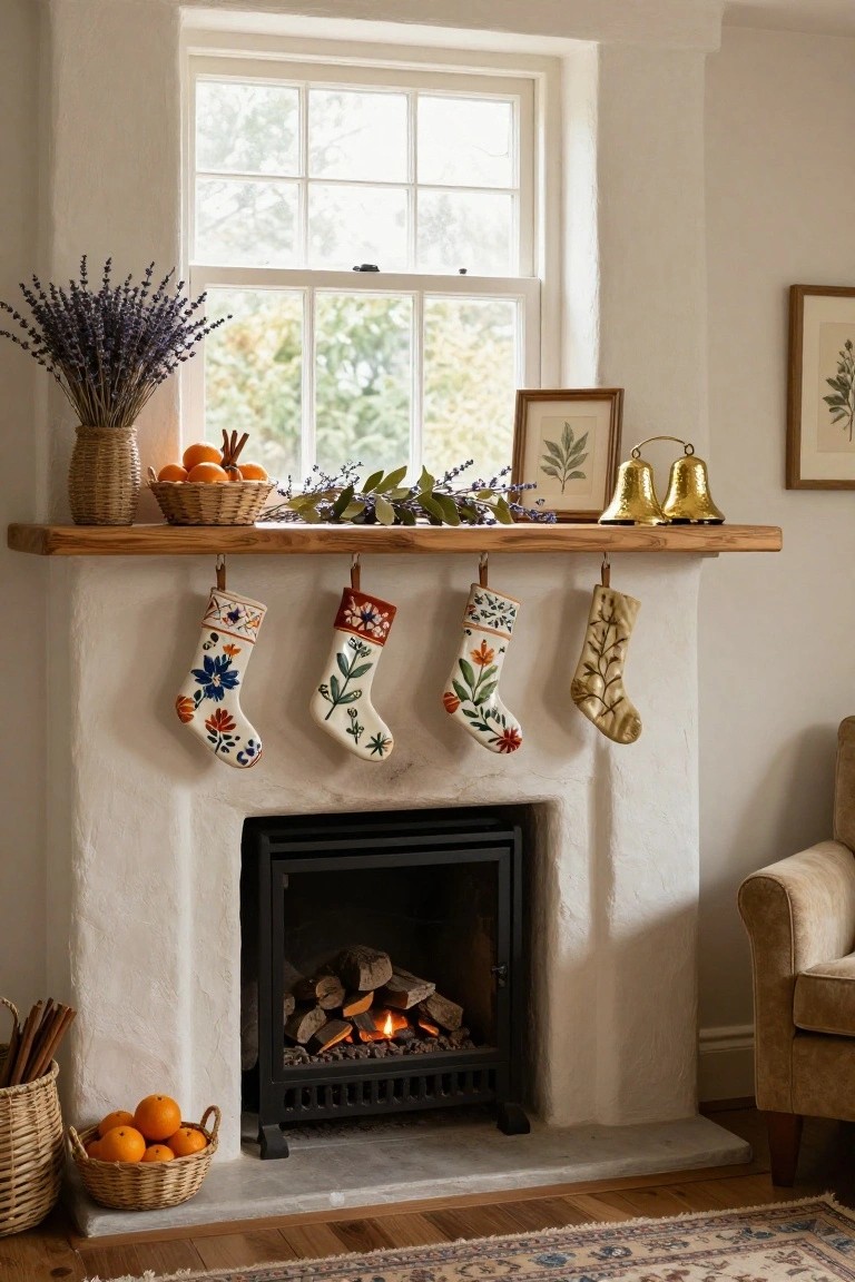 A wooden mantel over a white fireplace holds brass bells, embroidered Christmas stockings, lavender stems, oranges in baskets, and greenery, with a fire burning below.