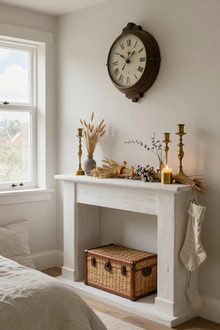 White fireplace mantel in a bedroom corner decorated with brass candlesticks holding wheat sheaves and grasses, a gold candle, small vases, and a linen Christmas stocking hanging from the side, with a wall clock above and bed nearby.