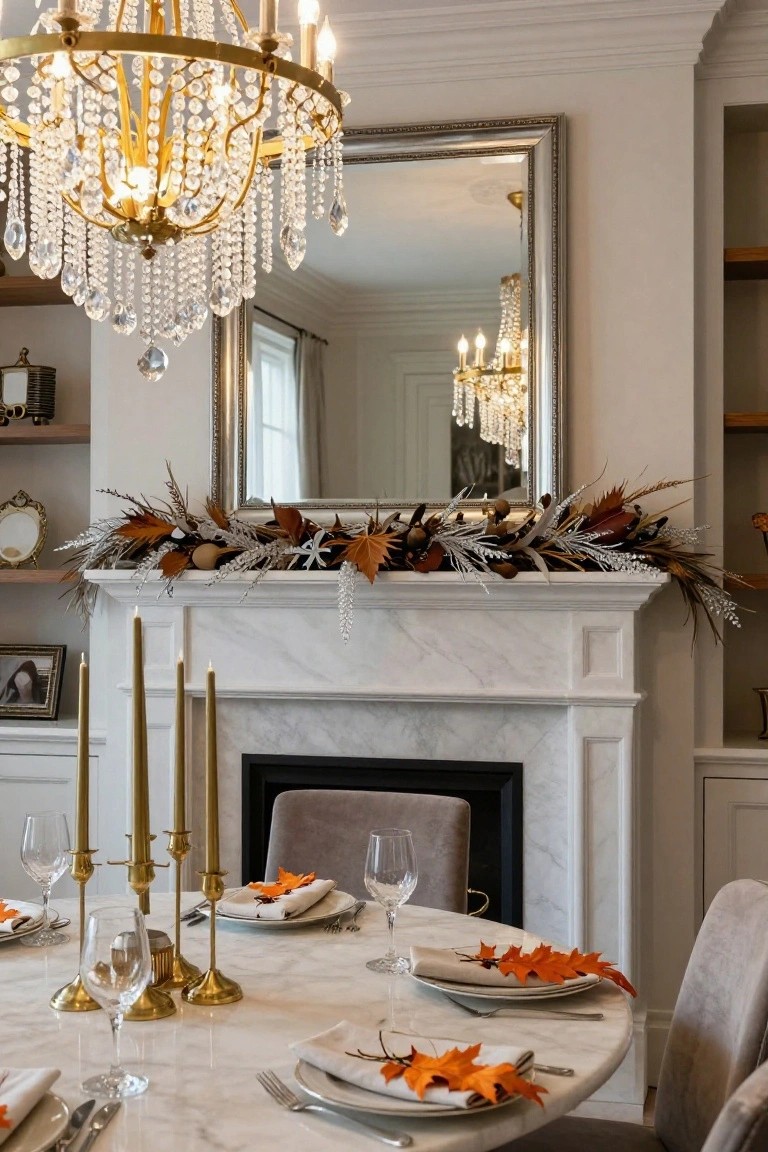 White marble fireplace mantel decorated with layered garland of metallic silver leaves, feathers, wheat, and orange autumn leaves, with tall gold brass candelabras on either side, and a round marble dining table with place settings in a formal room under a gold chandelier.