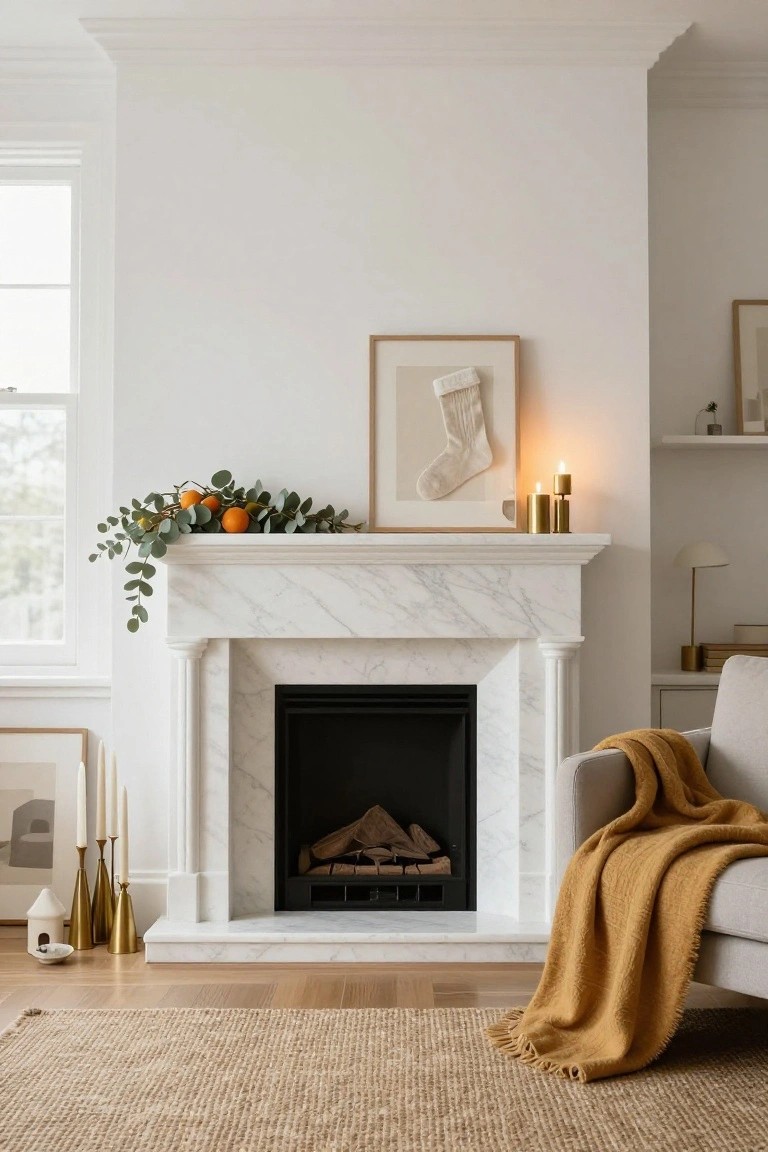 White marble fireplace mantel decorated with eucalyptus garland, oranges, framed artwork of a white stocking, and pairs of brass candlesticks holding white taper candles, in a bright living room with beige sofa and wood floors.