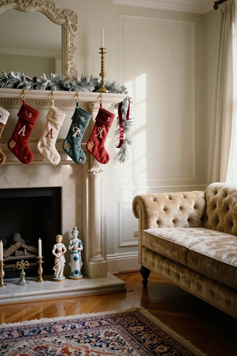Christmas mantel with silver garland and brass hooks holding colorful embroidered stockings, gold candlestick above, porcelain figurines and brass candelabra on marble hearth beside tufted cream armchair in pale room.