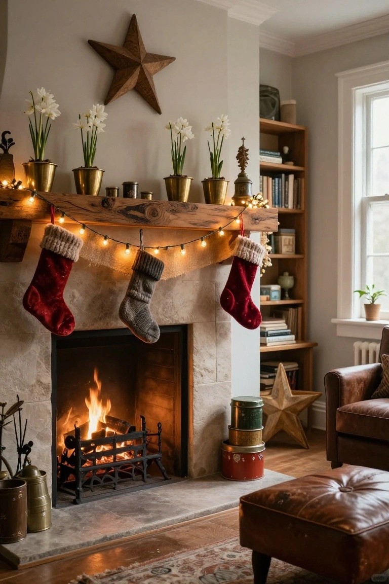 Christmas mantel over a stone fireplace with brass pots of white daffodils, hanging red and knit stockings, string lights, stacked metal tins nearby, and bookshelves in a cozy living room.