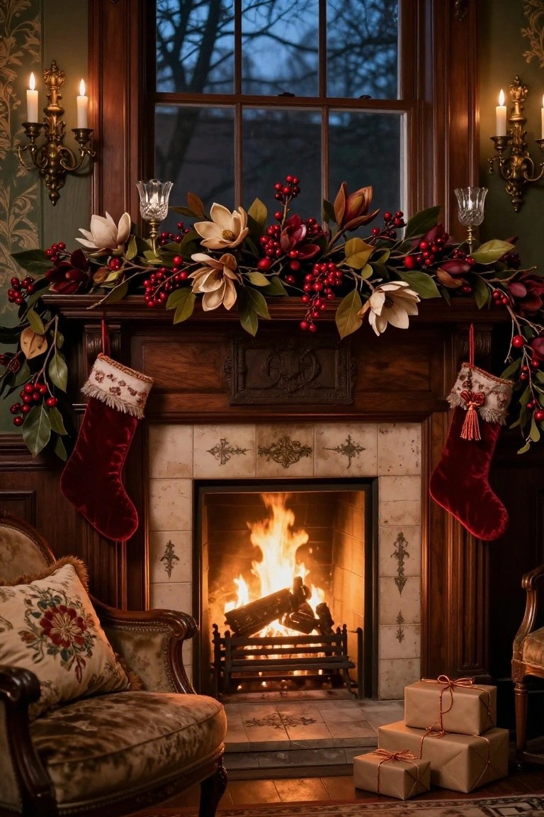 Green-paneled room interior with lit fireplace, wooden mantel decorated with garland of magnolia leaves and red berries, red velvet stockings, gold wall sconces with candles, crystal glasses on gold stand, velvet armchair, and stacked wrapped gifts on floor.
